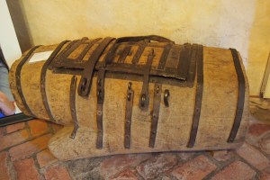 A chest made from one piece of oak, 7 people had a lock each. Probably used to hold the church silver.